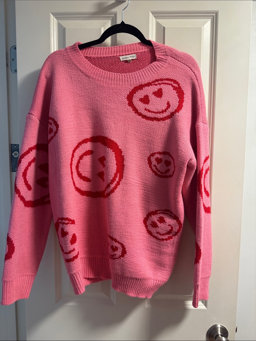 Main Strip Pink Crewneck Sweater with Red Smiley Motifs